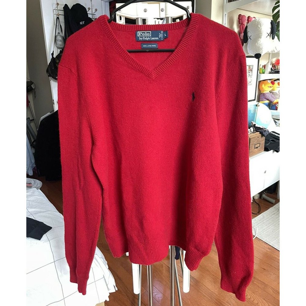 Polo Ralph Lauren Sweater Red 100% Wool Crewneck Pony Logo MENS LARGE